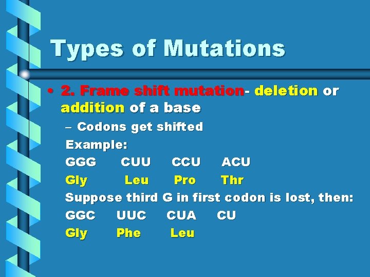 Types of Mutations • 2. Frame shift mutation- deletion or addition of a base