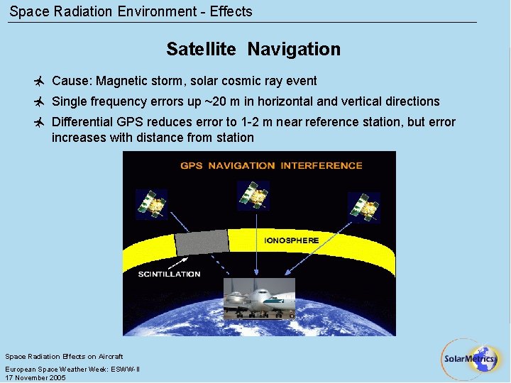 Space Radiation Environment - Effects Satellite Navigation ñ Cause: Magnetic storm, solar cosmic ray