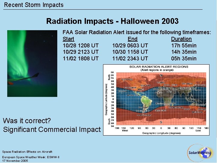 Recent Storm Impacts Radiation Impacts - Halloween 2003 FAA Solar Radiation Alert issued for