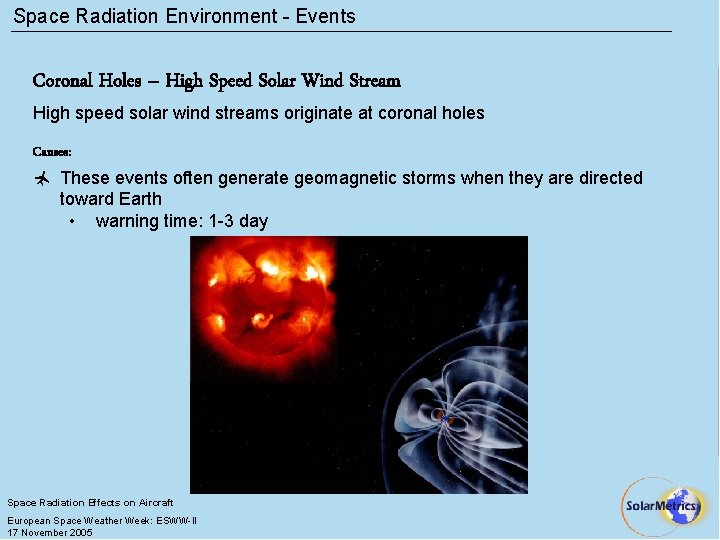 Space Radiation Environment - Events Coronal Holes – High Speed Solar Wind Stream High