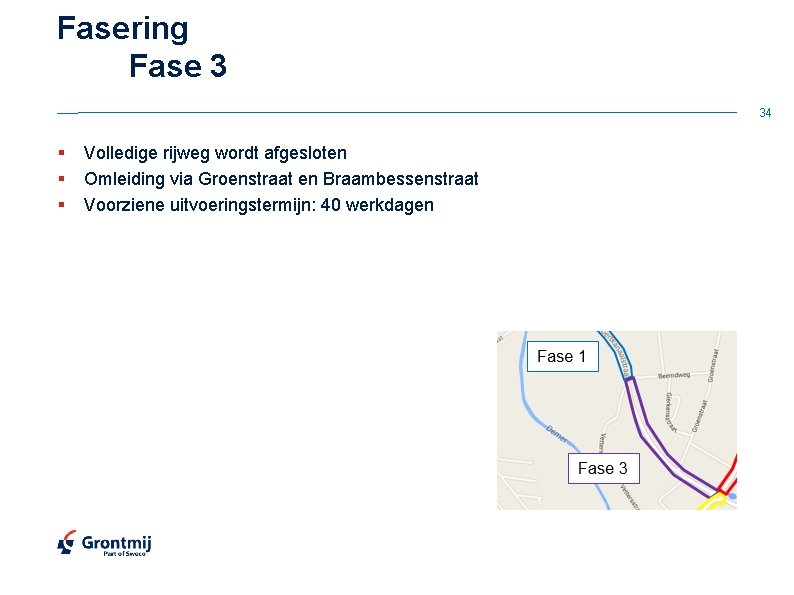 Fasering Fase 3 34 § § § Volledige rijweg wordt afgesloten Omleiding via Groenstraat