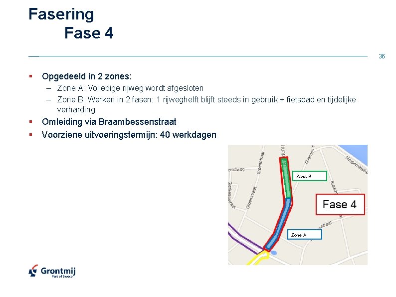 Fasering Fase 4 36 § Opgedeeld in 2 zones: – Zone A: Volledige rijweg