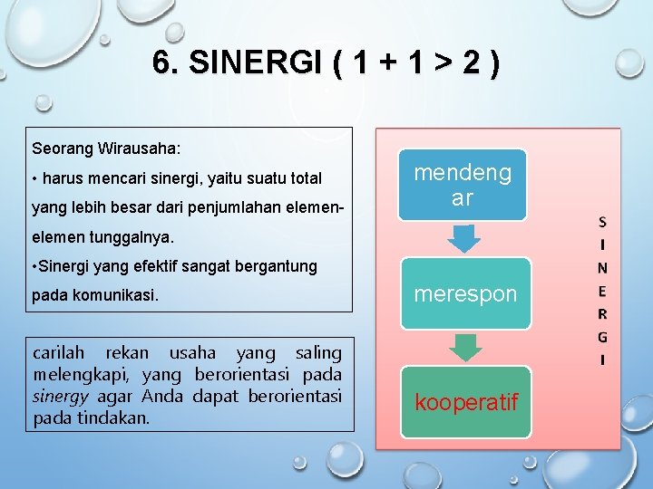 6. SINERGI ( 1 + 1 > 2 ) Seorang Wirausaha: • harus mencari