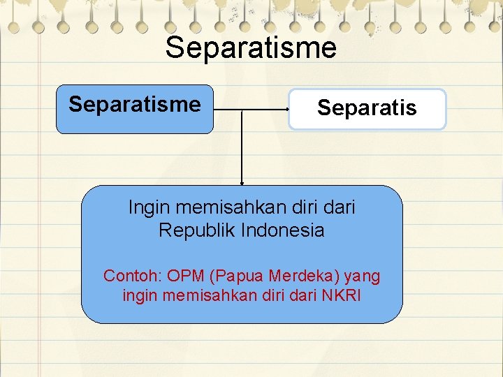 Separatisme Separatis Ingin memisahkan diri dari Republik Indonesia Contoh: OPM (Papua Merdeka) yang ingin