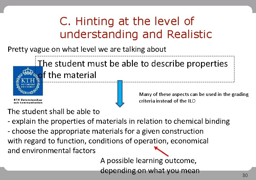 C. Hinting at the level of understanding and Realistic Pretty vague on what level