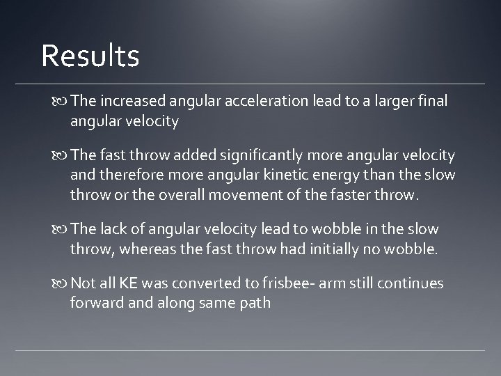 Results The increased angular acceleration lead to a larger final angular velocity The fast