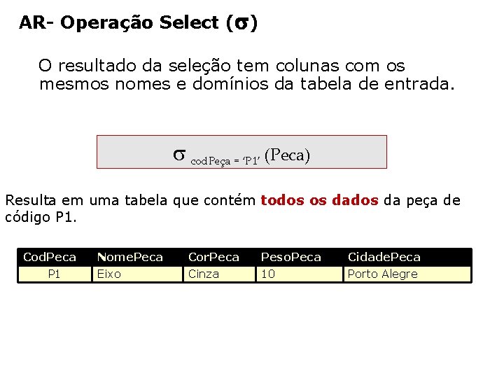 AR- Operação Select ( ) O resultado da seleção tem colunas com os mesmos