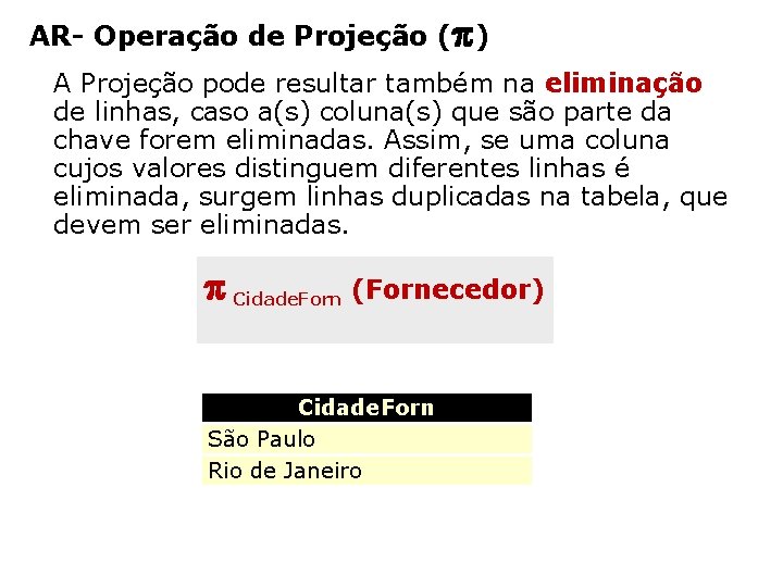 AR- Operação de Projeção ( ) A Projeção pode resultar também na eliminação de