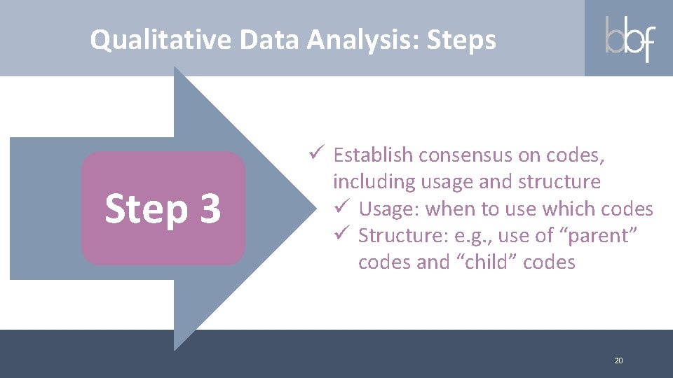 Qualitative Data Analysis: Steps Step 3 ü Establish consensus on codes, including usage and