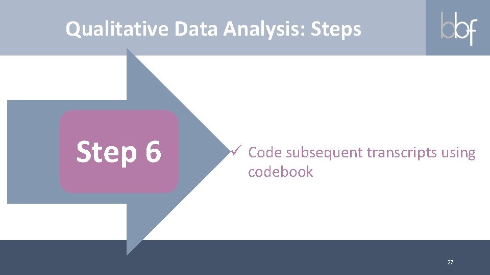Qualitative Data Analysis: Steps Step 6 ü Code subsequent transcripts using codebook 27 