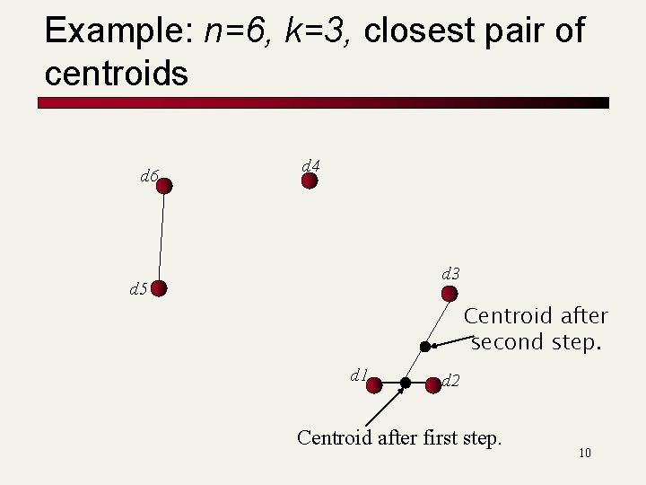 Example: n=6, k=3, closest pair of centroids d 6 d 4 d 3 d