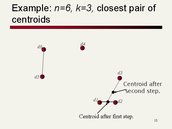 Example: n=6, k=3, closest pair of centroids d 6 d 4 d 3 d Example: n=6, k=3, closest pair of centroids d 6 d 4 d 3 d