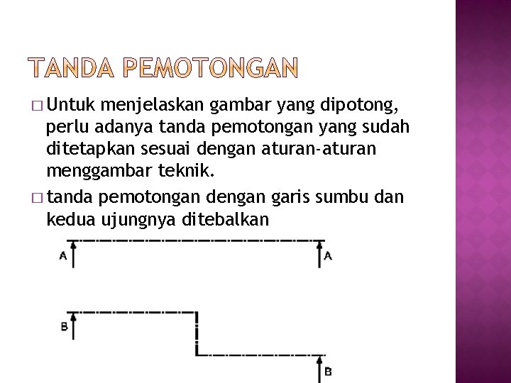 � Untuk menjelaskan gambar yang dipotong, perlu adanya tanda pemotongan yang sudah ditetapkan sesuai