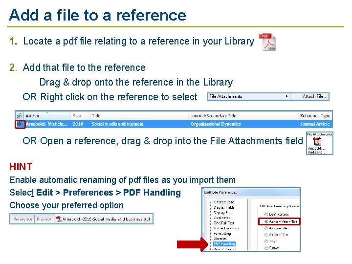 Add a file to a reference 1. Locate a pdf file relating to a