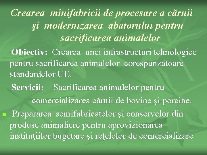 Crearea minifabricii de procesare a cărnii şi modernizarea abatorului pentru sacrificarea animalelor n Obiectiv: