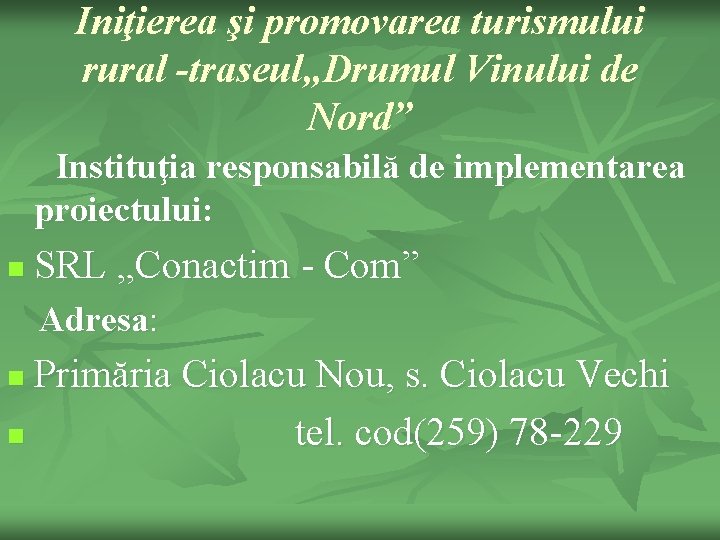 Iniţierea şi promovarea turismului rural -traseul„Drumul Vinului de Nord” Instituţia responsabilă de implementarea proiectului: