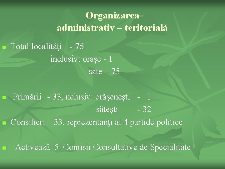 Organizarea administrativ – teritorială n n Total localităţi - 76 inclusiv: oraşe - 1