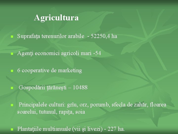 Agricultura n Suprafaţa terenurilor arabile - 52250, 4 ha n Agenţi economici agricoli mari
