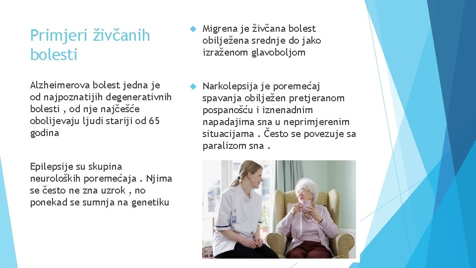 Primjeri živčanih bolesti Migrena je živčana bolest obilježena srednje do jako izraženom glavoboljom Alzheimerova