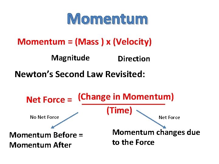 Momentum = (Mass ) x (Velocity) Magnitude Direction Newton’s Second Law Revisited: Net Force