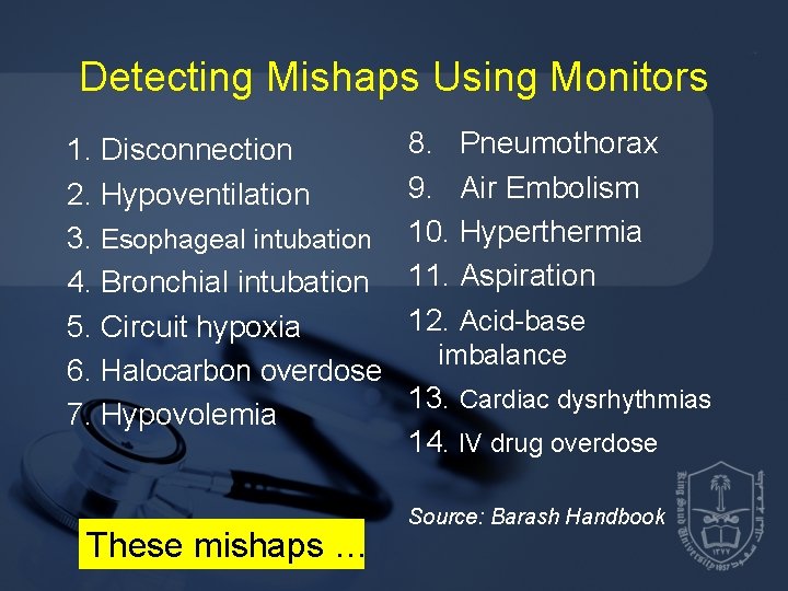 Detecting Mishaps Using Monitors 1. Disconnection 2. Hypoventilation 3. Esophageal intubation 4. Bronchial intubation