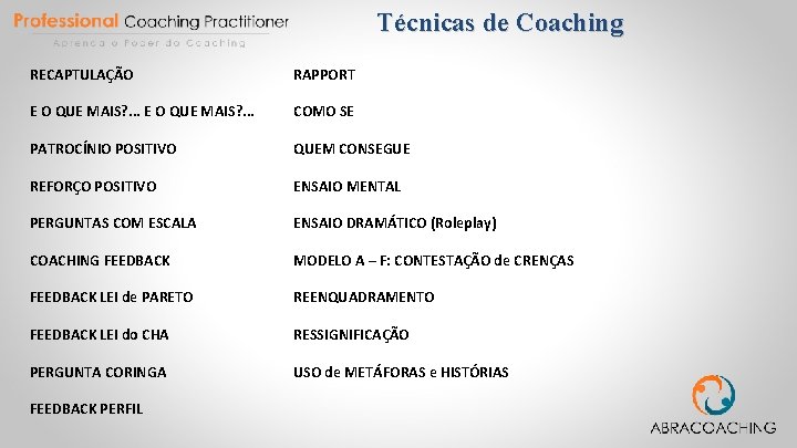 Técnicas de Coaching RECAPTULAÇÃO RAPPORT E O QUE MAIS? . . . COMO SE