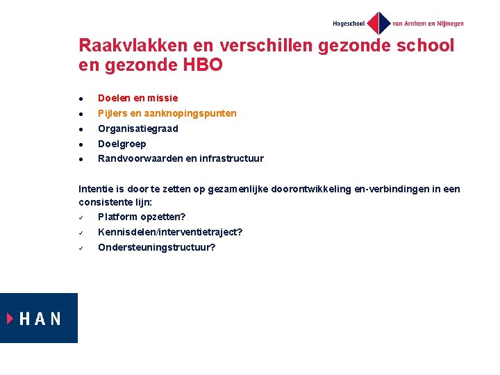 Raakvlakken en verschillen gezonde school en gezonde HBO l Doelen en missie l Pijlers