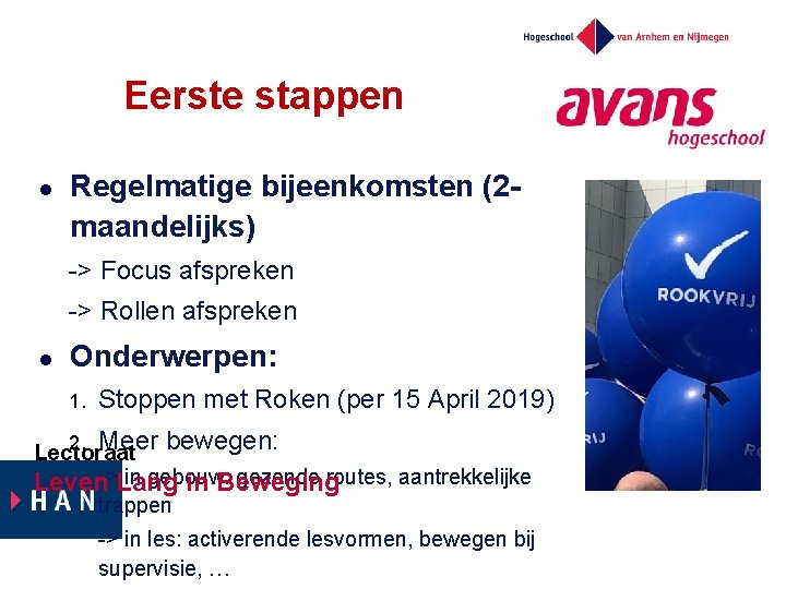 Eerste stappen l Regelmatige bijeenkomsten (2 maandelijks) -> Focus afspreken -> Rollen afspreken l