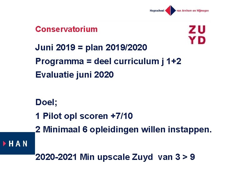 Conservatorium Juni 2019 = plan 2019/2020 Programma = deel curriculum j 1+2 Evaluatie juni