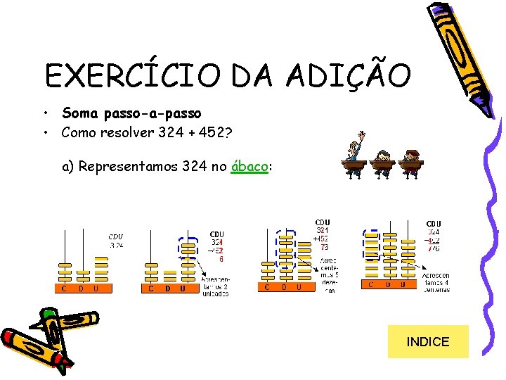 EXERCÍCIO DA ADIÇÃO • Soma passo-a-passo • Como resolver 324 + 452? a) Representamos