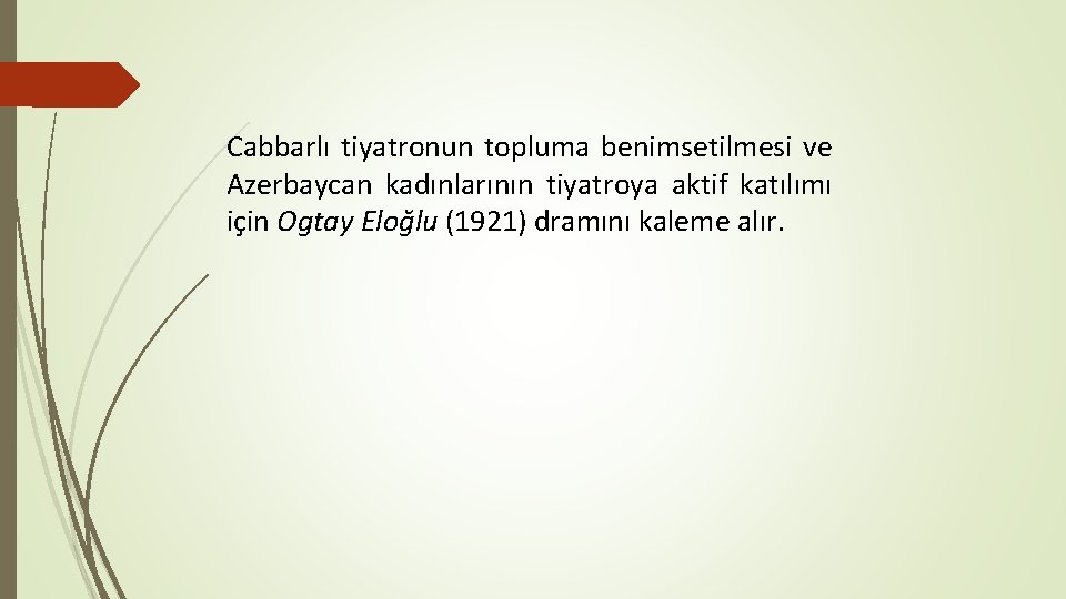 Cabbarlı tiyatronun topluma benimsetilmesi ve Azerbaycan kadınlarının tiyatroya aktif katılımı için Ogtay Eloğlu (1921)