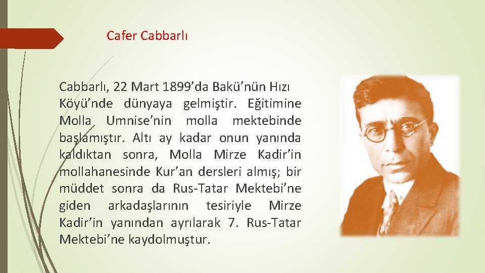 Cafer Cabbarlı, 22 Mart 1899’da Bakü’nün Hızı Köyü’nde dünyaya gelmiştir. Eğitimine Molla Umnise’nin molla