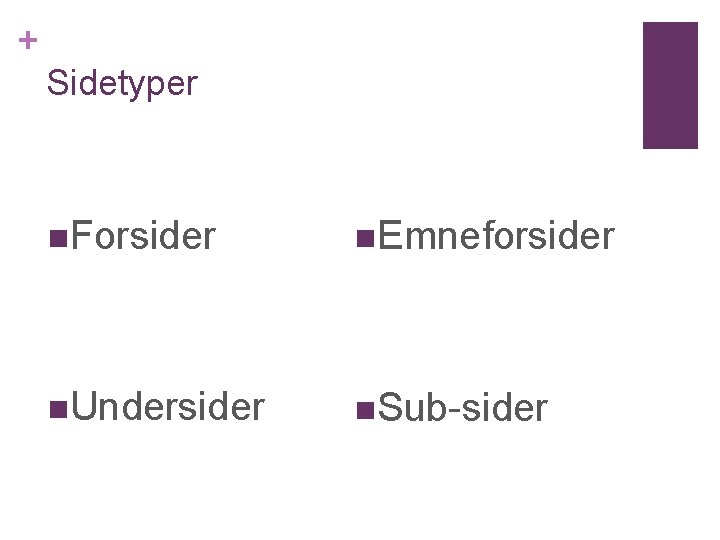 + Sidetyper n. Forsider n. Emneforsider n. Undersider n. Sub-sider 