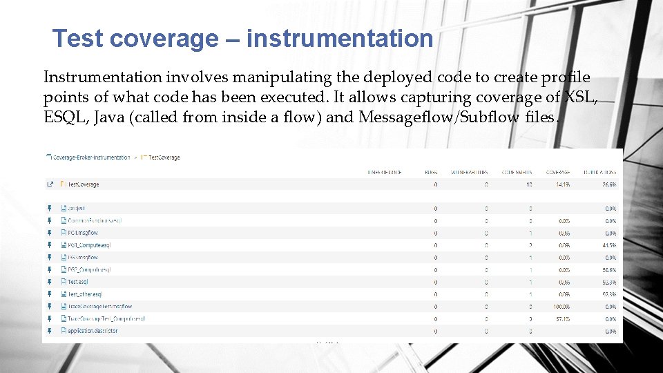 Test coverage – instrumentation Instrumentation involves manipulating the deployed code to create profile points