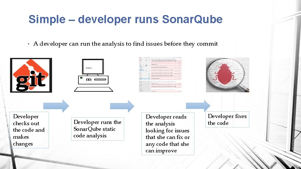 Simple – developer runs Sonar. Qube • A developer can run the analysis to