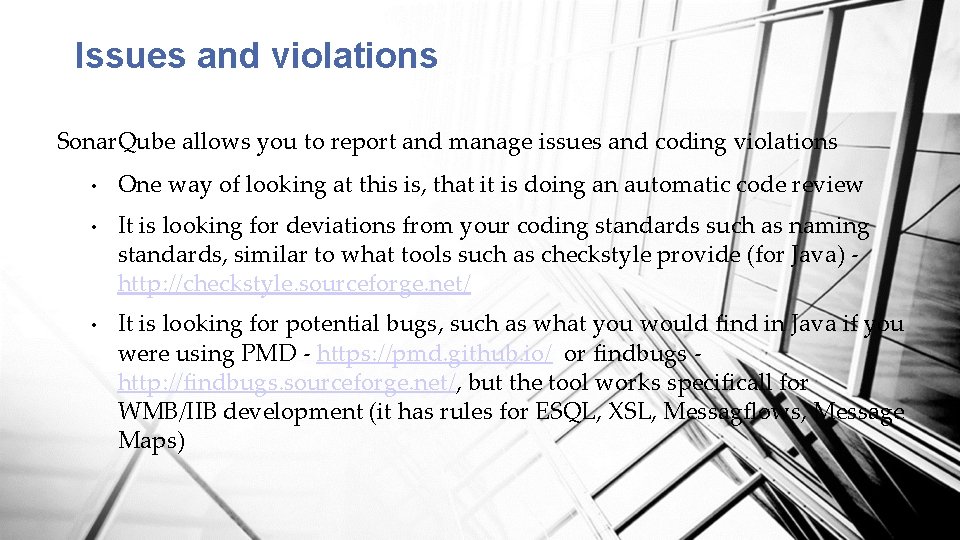 Issues and violations Sonar. Qube allows you to report and manage issues and coding