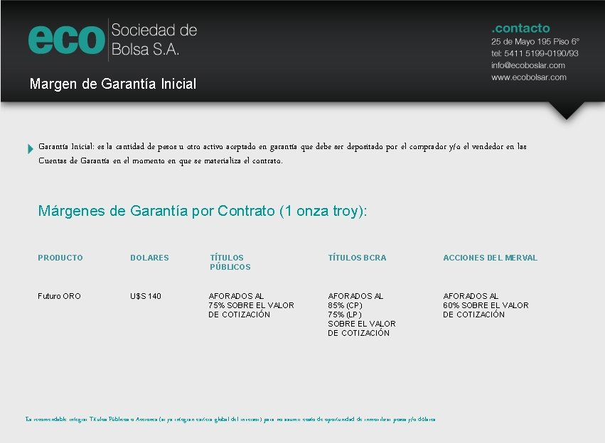 Margen de Garantía Inicial: es la cantidad de pesos u otro activo aceptado en