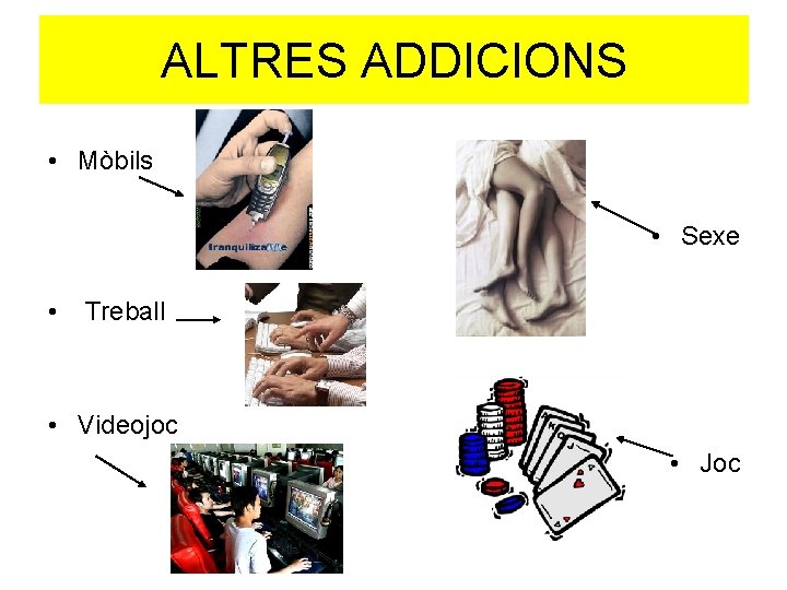 ALTRES ADDICIONS • Mòbils • Sexe • Treball • Videojoc • Joc 