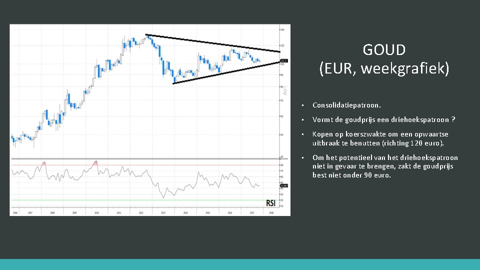 GOUD (EUR, weekgrafiek) • Consolidatiepatroon. • Vormt de goudprijs een driehoekspatroon ? • Kopen