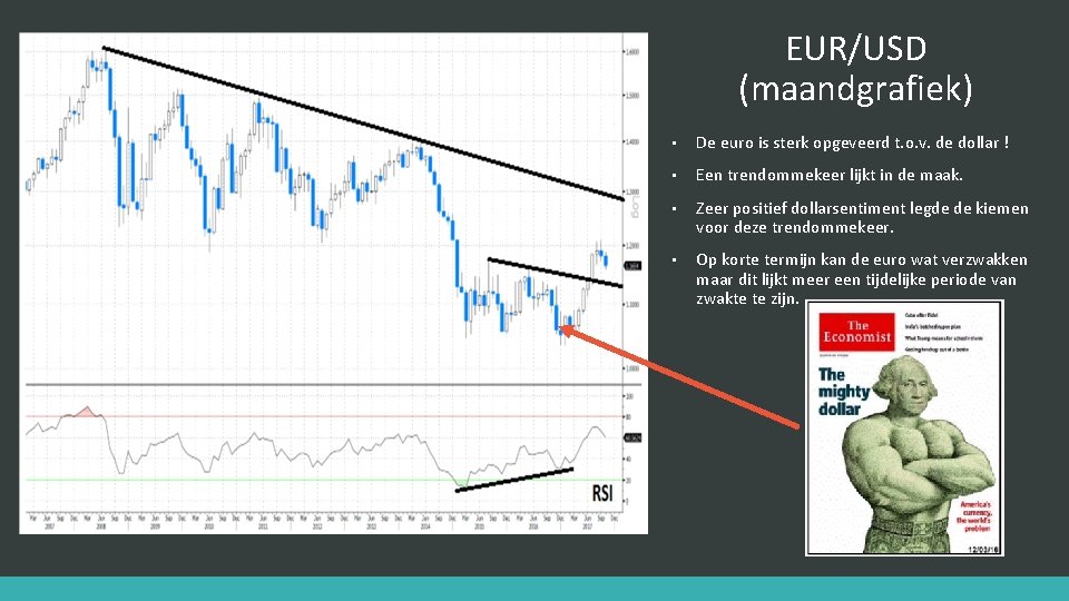 EUR/USD (maandgrafiek) • De euro is sterk opgeveerd t. o. v. de dollar !