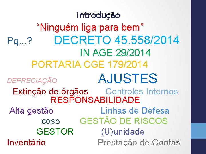 Introdução “Ninguém liga para bem” Pq. . . ? DECRETO 45. 558/2014 IN AGE