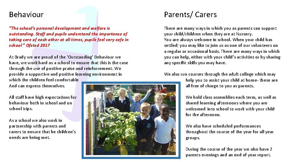 Behaviour Parents/ Carers “The school’s personal development and welfare is outstanding. Staff and pupils