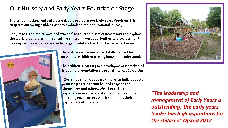 Our Nursery and Early Years Foundation Stage The school’s values and beliefs are deeply