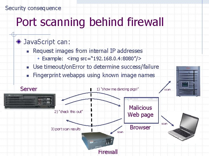 Security consequence Port scanning behind firewall Java. Script can: n Request images from internal
