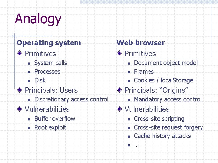 Analogy Operating system Primitives n n n System calls Processes Disk Principals: Users n