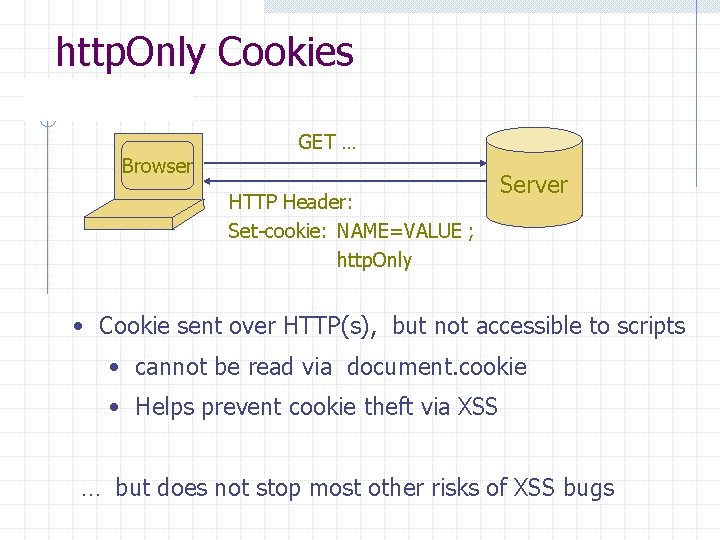 http. Only Cookies Browser GET … HTTP Header: Set-cookie: NAME=VALUE ; http. Only Server