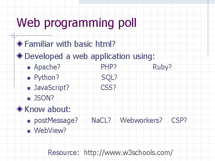 Web programming poll Familiar with basic html? Developed a web application using: n n