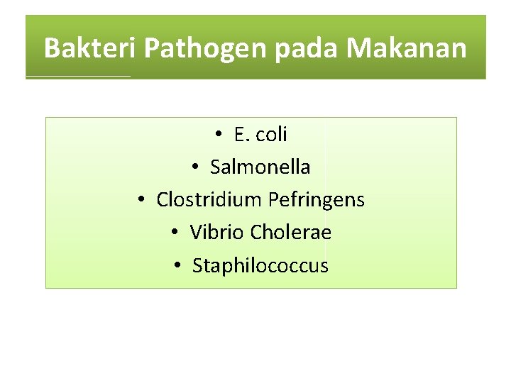 Bakteri Pathogen pada Makanan • E. coli • Salmonella • Clostridium Pefringens • Vibrio