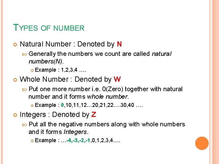 TYPES OF NUMBER Natural Number : Denoted by N Generally the numbers we count