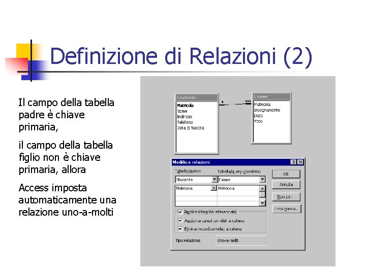 Definizione di Relazioni (2) Il campo della tabella padre è chiave primaria, il campo